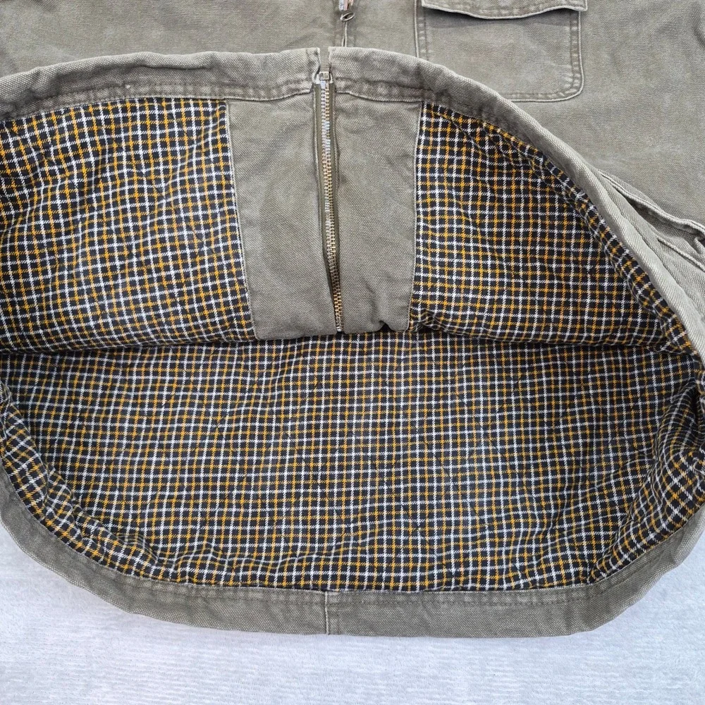 J Crew Mens Barn Jacket XL Olive Drab Canvas Leather Collar Plaid Field Coat